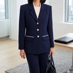 ​Principles Petite Navy Blue Blazer with Cream Piping Trim - Vintage Style